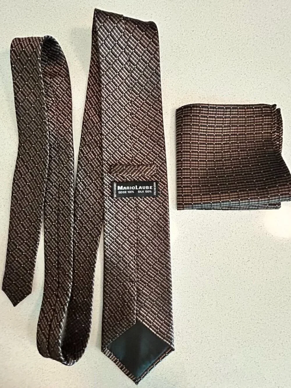 Mario Laube Men’s 100%Silk Tie & Pocket Square Set Made in Italy Brown New